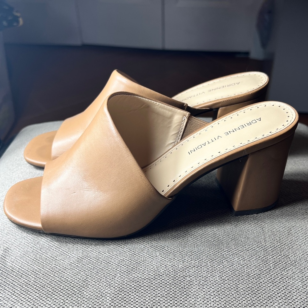 Adrienne Vittadini Cognac Leather Open-Toe Block Heel Mules